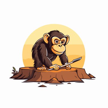 Bacağında bıçak olan bir şempanze. Vektör illüstrasyonu