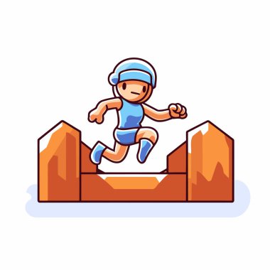 Çizgi filmci çocuk engelde koşuyor. İzole edilmiş düz vektör çizimi