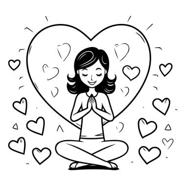 Kalp tasarımı olan kadın çizgi filmi. İlişki aşkı aşk tatili ve birlikte temalı Vektör illüstrasyonu