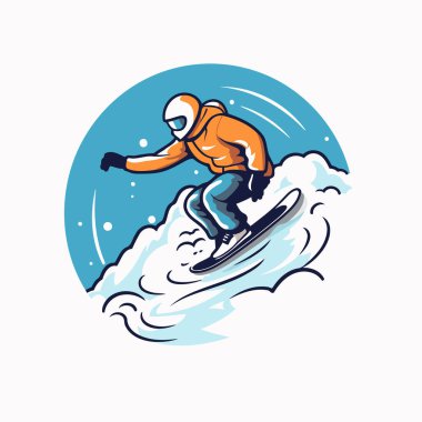 Dalgaya atlayan snowboardcu. Düz bir şekilde vektör illüstrasyonu
