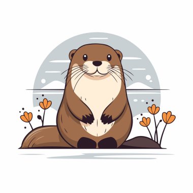 Yerde elinde çiçeklerle oturan sevimli su samuru. Vektör illüstrasyonu.