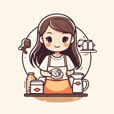 Önlüklü şirin küçük kız kahve yapıyor. Vektör illüstrasyonu.