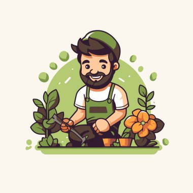 Bahçede çalışan bahçıvan. Vektör düz çizgi film illüstrasyonu.