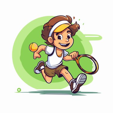 Çizgi filmci çocuk tenis oynuyor. Tenis oynayan bir çocuğun vektör çizimi.