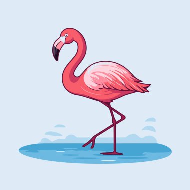 Mavi arka planda pembe flamingo. Çizgi film tarzında vektör illüstrasyonu.