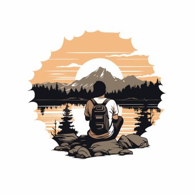 Dağlarda sırt çantalı bir yürüyüşçü. Vektör illüstrasyonu.