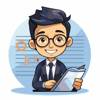 Takım elbiseli ve kitap okuyan gözlüklü bir çocuğun vektör çizimi