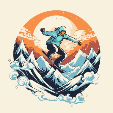 Dağlarda atlayan bir snowboardcu. Retro biçiminde vektör illüstrasyonu.
