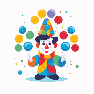 Renkli balonları olan komik bir palyaço. Düz biçimli vektör illüstrasyonu.
