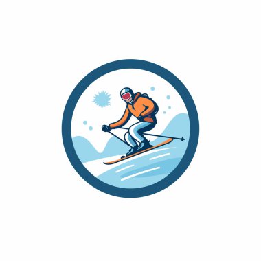 Kayak logosu şablonu. Eylem halindeki bir kayakçının vektör illüstrasyonu.