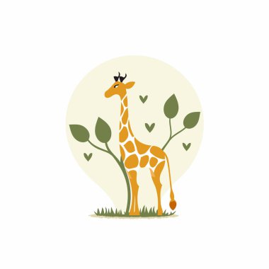 Zürafa ve yapraklar. Beyaz arkaplanda düz biçimdeki vektör illüstrasyonu.