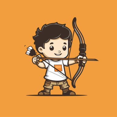 Cute boy holding bow and arrow. Cartoon vector illustration isolated on orange background. clipart