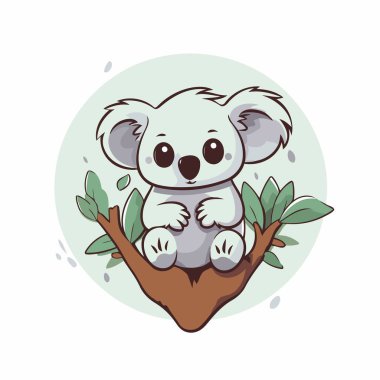 Ağaçta yaprakları olan sevimli bir koala. Vektör illüstrasyonu.