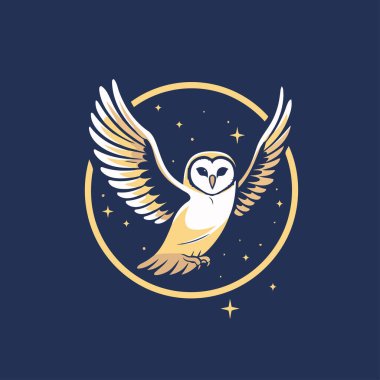 Kanatlı ve yıldızlı baykuş. Koyu bir arkaplanda vektör illüstrasyonu.