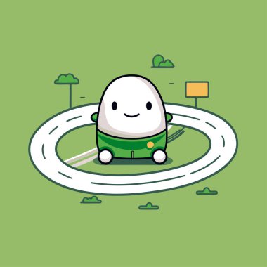 Yolda yeşil bir arabaya binen şirin bir çizgi film yumurtası. Vektör illüstrasyonu.