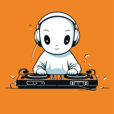 Pikapta çalan sevimli çizgi film DJ 'i. Vektör illüstrasyonu.