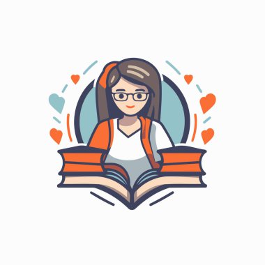 Kitap okuyan bir kızın vektör çizimi. Gözlüklü ve kırmızı kazaklı kız..