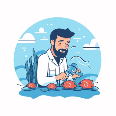 Balıklarla çalışan bir bilim adamı. Çizgi film tarzında vektör illüstrasyonu.