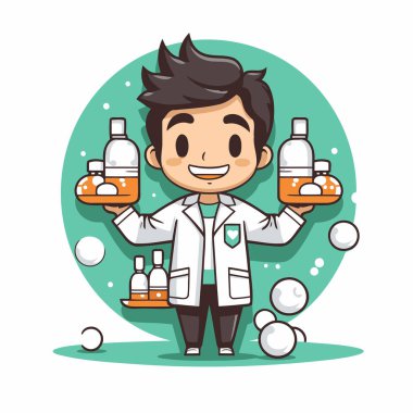 Laboratuvar önlüklü, elinde ilaç şişeleri olan sevimli çizgi film karakteri. Vektör illüstrasyonu.