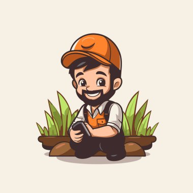 Çizgi film bahçıvanı. Yerde oturan bir bahçıvanın vektör çizimi.