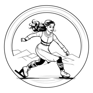 Çemberde koşan genç bir kadının maskot çizimi.
