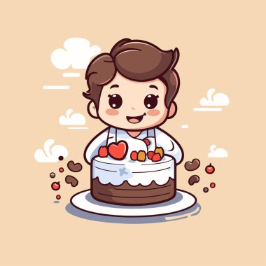 Pasta tutan tatlı çocuk. Vektör çizimi. Çizgi film biçimi.