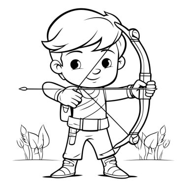 Cute boy aiming with bow and arrow - black and white illustration clipart