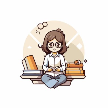 Kitap yığınının üzerinde kitap okuyan bir kızın resmi.