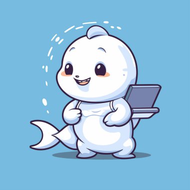 Dizüstü bilgisayarı olan şirin bir kutup ayısı karakteri. Vektör illüstrasyonu.