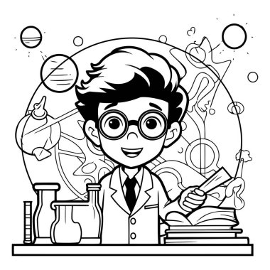 Siyah ve Beyaz Kimyacı Çizgi Filmi ya da Boyama Kitabı Bilim Adamı Karakteri