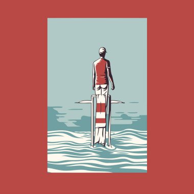 Denizde sörf tahtasında duran bir adamın resmi.