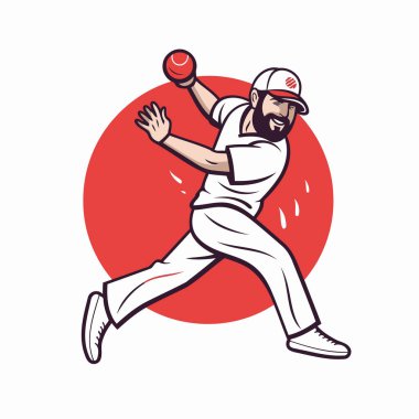 Kriket oyuncusu beyzbol sopasıyla topa vuruyor. vektör illüstrasyonu.