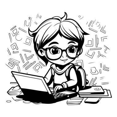 Dizüstü bilgisayarı ve kitapları olan gözlüklü tatlı bir okul çocuğu. Vektör illüstrasyonu.