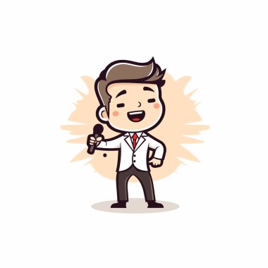 İş adamı Holding Mikrofon - Maskot Karakter Vektörü İllüstrasyonu