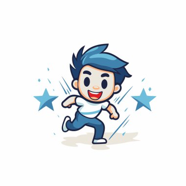 Etrafında yıldızlarla koşan sevimli çizgi film çocuğu. Vektör illüstrasyonu.