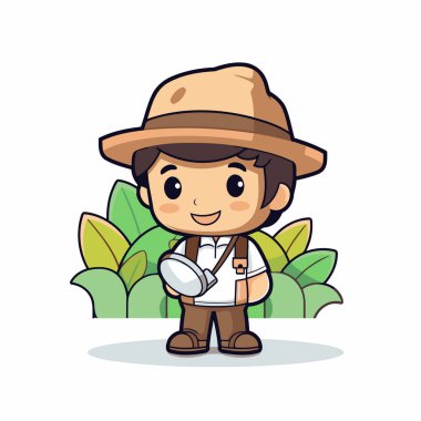 Safari şapkalı ve sırt çantalı şirin çocuk çizgi filmi. Vektör illüstrasyonu.