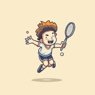 Badminton oynayan çizgi film çocuğu. Badminton oynayan bir çocuğun vektör çizimi.