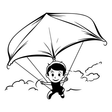 Beyaz arka planda izole edilmiş paraşütle uçan çocuk. Siyah ve beyaz vektör çizimi.