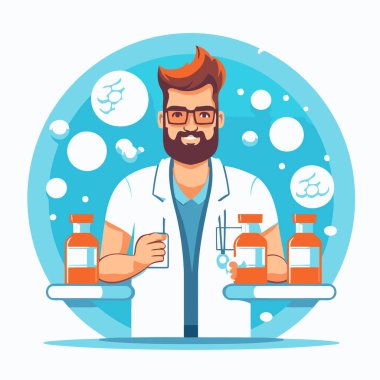 Eczane doktoru karakteri. Düz tasarım tarzında vektör illüstrasyonu.