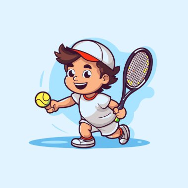 Çizgi filmci çocuk tenis oynuyor. Tenis oynayan bir çocuğun vektör illüstrasyonu.
