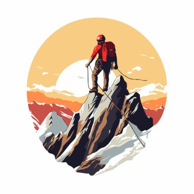 Mountaineer on the top of a mountain. Vector illustration. clipart