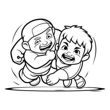 Gülümseyen ve oynayan küçük bir çocuk ve bir bebek resmi.