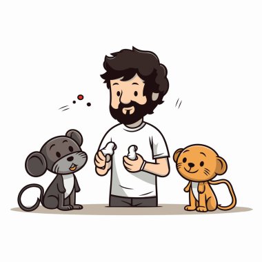 Maymun ve oyuncak ayıyla oynayan bir adam. Vektör illüstrasyonu.