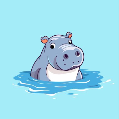 Sudaki su aygırı. Mavi arkaplanda vektör illüstrasyonu.