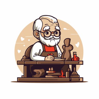 Yaşlı adam atölyesinde çalışıyor. Çizgi film tarzında vektör illüstrasyonu.