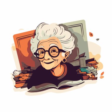 Kitap okuyan yaşlı bir kadın. Düz bir şekilde vektör illüstrasyonu.