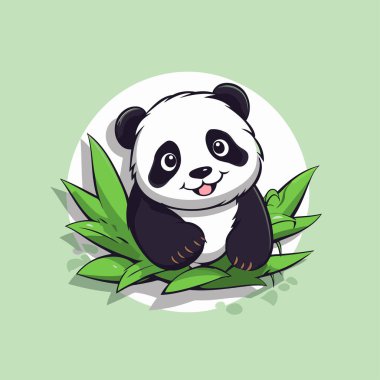 Bambu yapraklarının üzerinde oturan sevimli panda. Vektör illüstrasyonu.