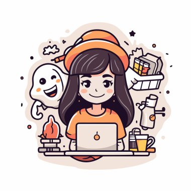 Dizüstü bilgisayar kullanarak Cadılar Bayramı kostümlü bir kızın vektör çizimi. Sevimli çizgi film karakteri..