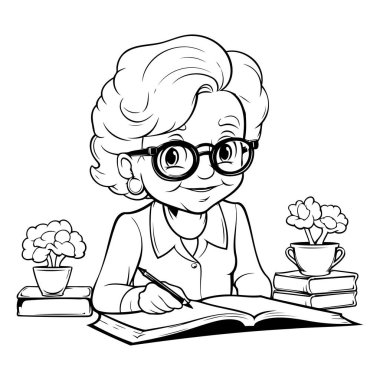 Büyükannem kitap okuyor. Boyama kitabı için siyah ve beyaz vektör çizimi.