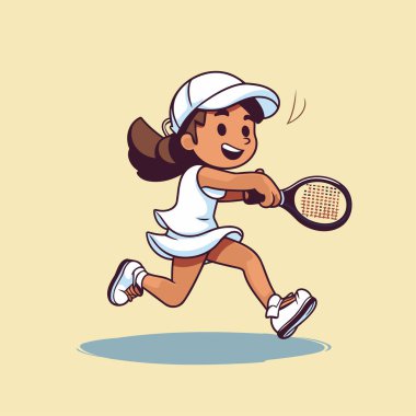 Tenis oynayan küçük bir kızın çizgi film çizimi. Vektör illüstrasyonu.